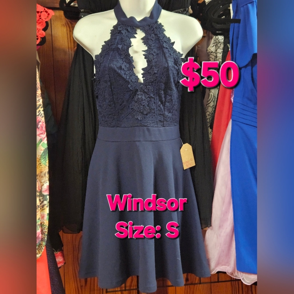 Windsor Navy Blue Lace Halter Dress
